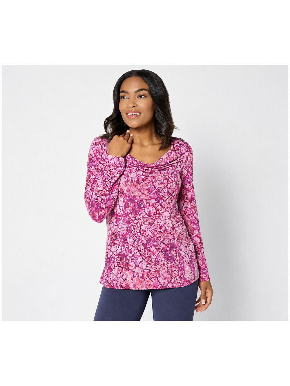 Susan Graver Printed Liquid Knit Cowl-Neck Long-Sleeve Top w/ Buckle Trim, Large